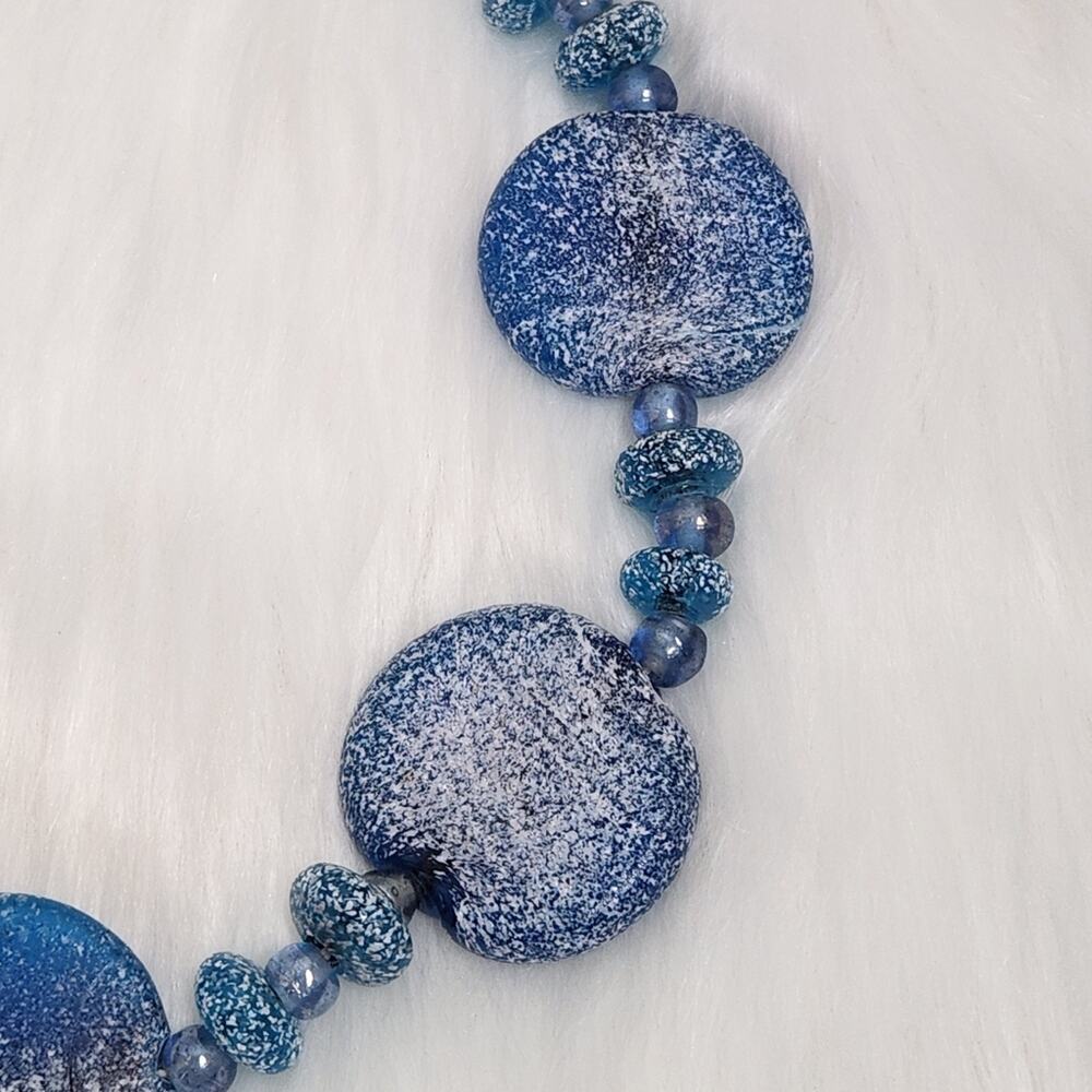 Boho Blue Art Glass Disc Beaded Necklace Chunky Coastal Statement Jewelry - Picture 4 of 4